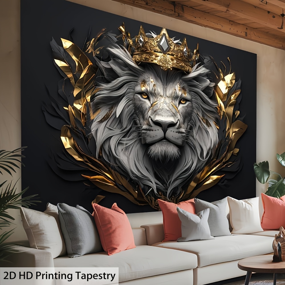 Majestätischer Löwe mit Krone – Horizontaler Wandteppich, 2D-Flachbanner, exquisite Details, verschiedene Größen, kein Stromanschluss erforderlich, Wanddekoration für Wohnzimmer, Schlafzimmer, Büro, Party_voghion.com