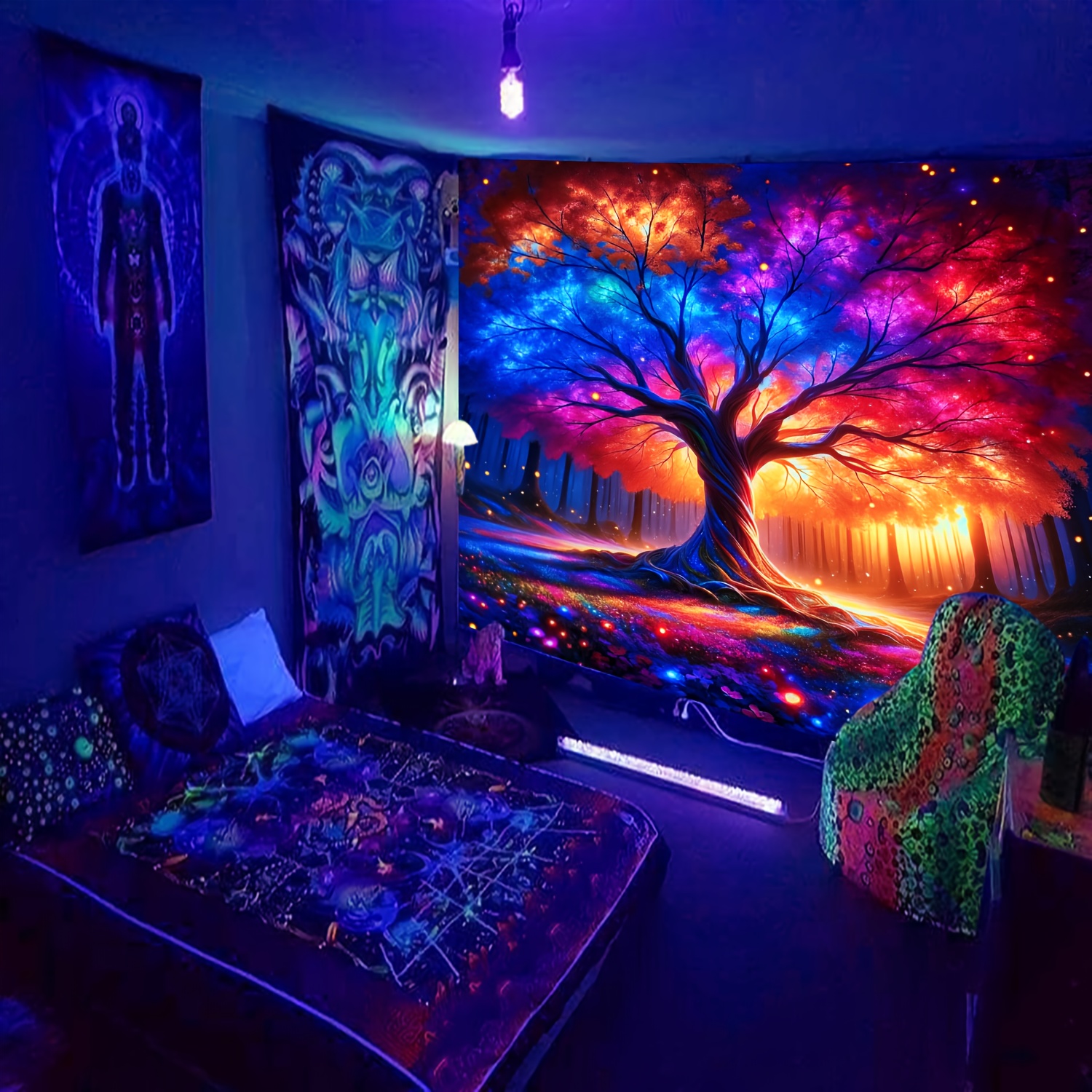 Large Size Magic Life Tree UV Black Light Fluorescent Tapestry Aesthetic Hanging Tapestry For Home Bedroom Office Living Room Decor WithFree Additions_voghion.com