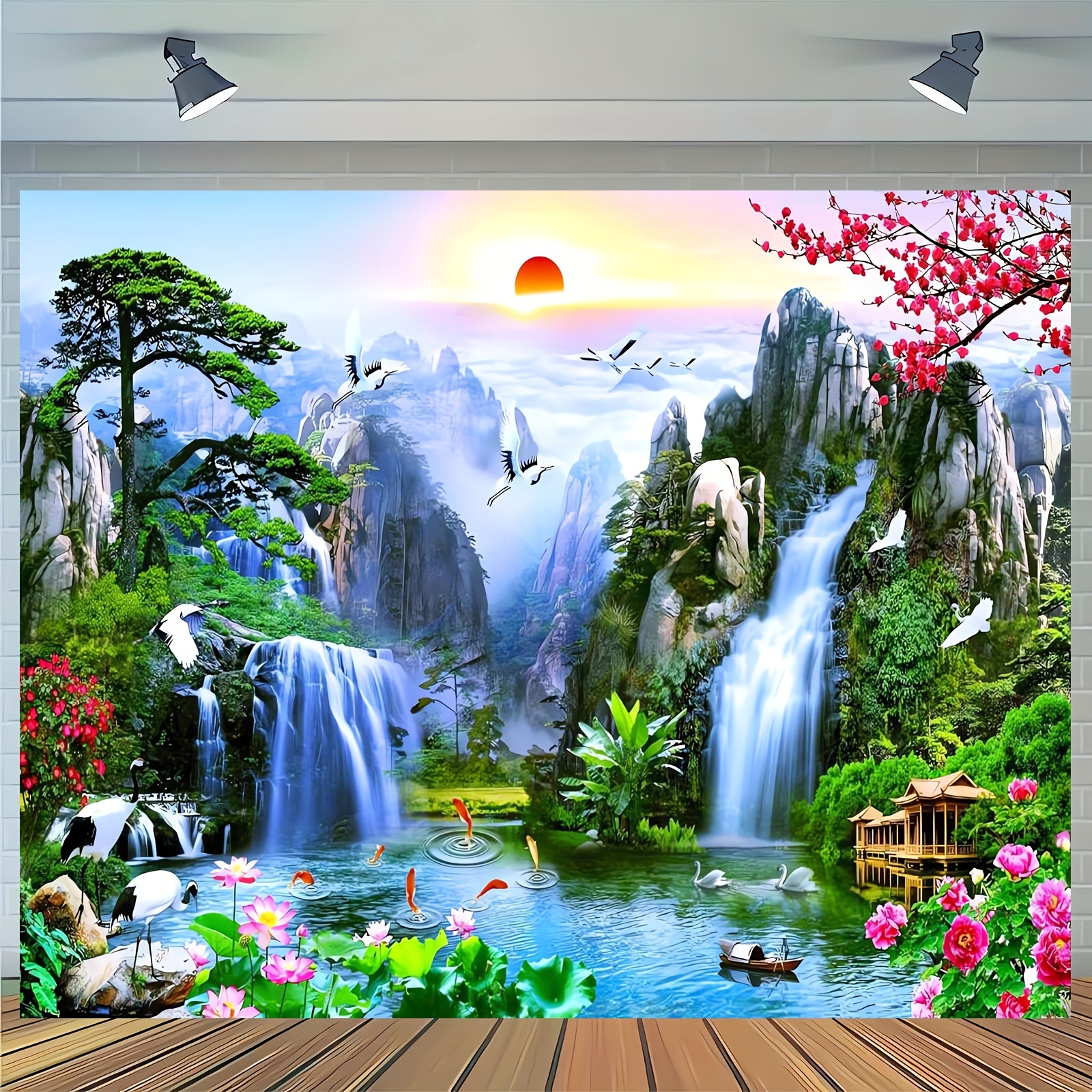 Large Fabric Wall Tapestry Enchanted Waterfall Asian Landscape Cherry Blossoms Cranes Koi Fish Pagoda Polyester Decor For Home Wedding Photo Backdrop_voghion.com