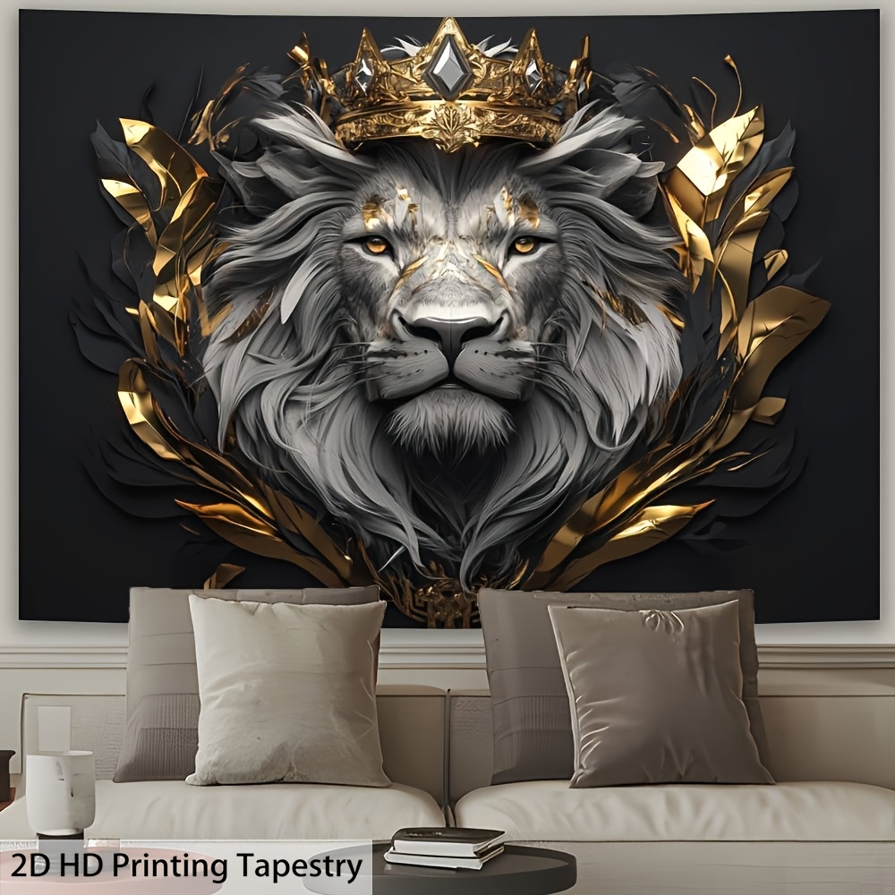 Majestätischer Löwe mit Krone – Horizontaler Wandteppich, 2D-Flachbanner, exquisite Details, verschiedene Größen, kein Stromanschluss erforderlich, Wanddekoration für Wohnzimmer, Schlafzimmer, Büro, Party_voghion.com