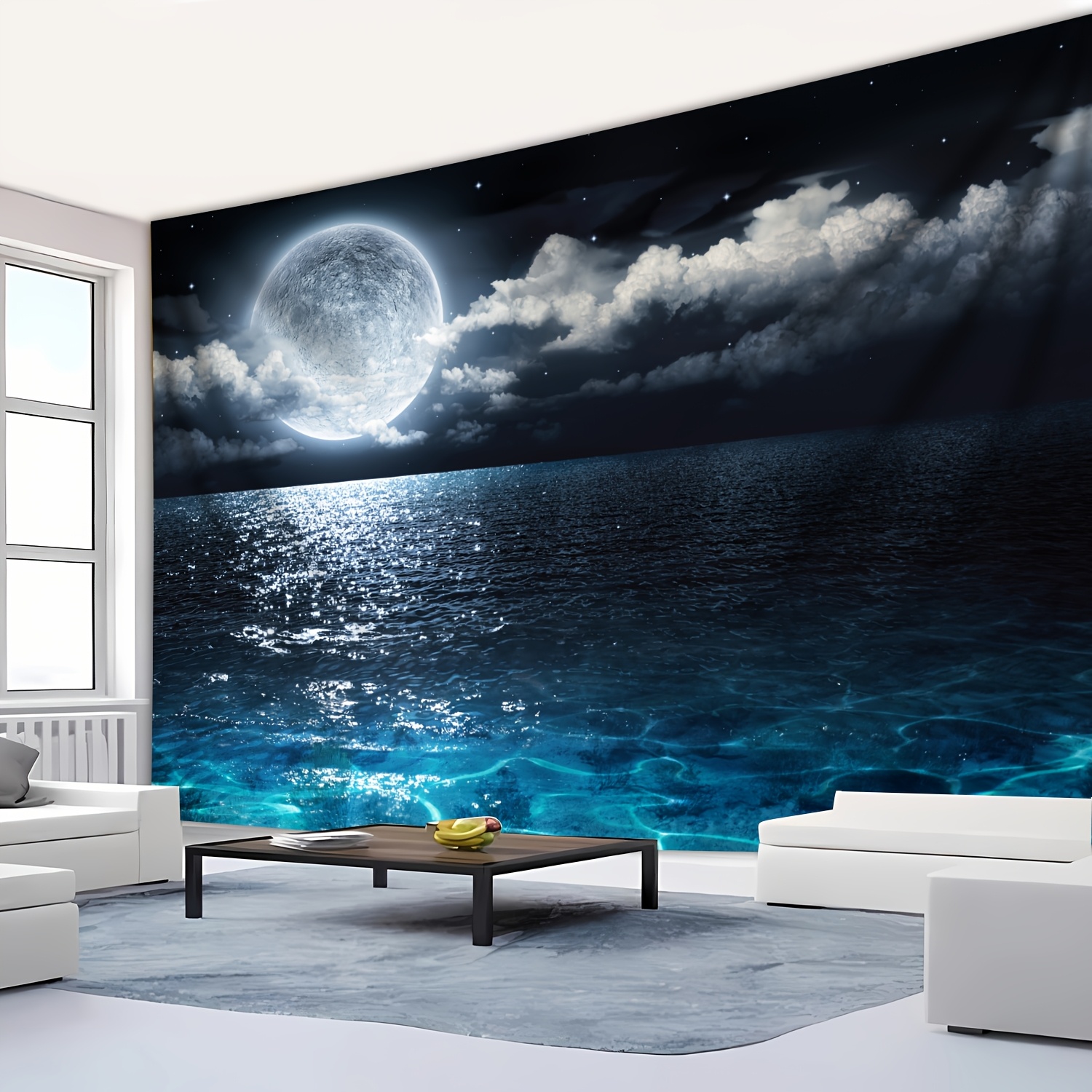 Ultra Large Sea Moon Landscape Wall Hanging Tapestry 1pc Polyester Photo Background Cloth For Room Party Live Decoration With Free Hanging Clips_voghion.com