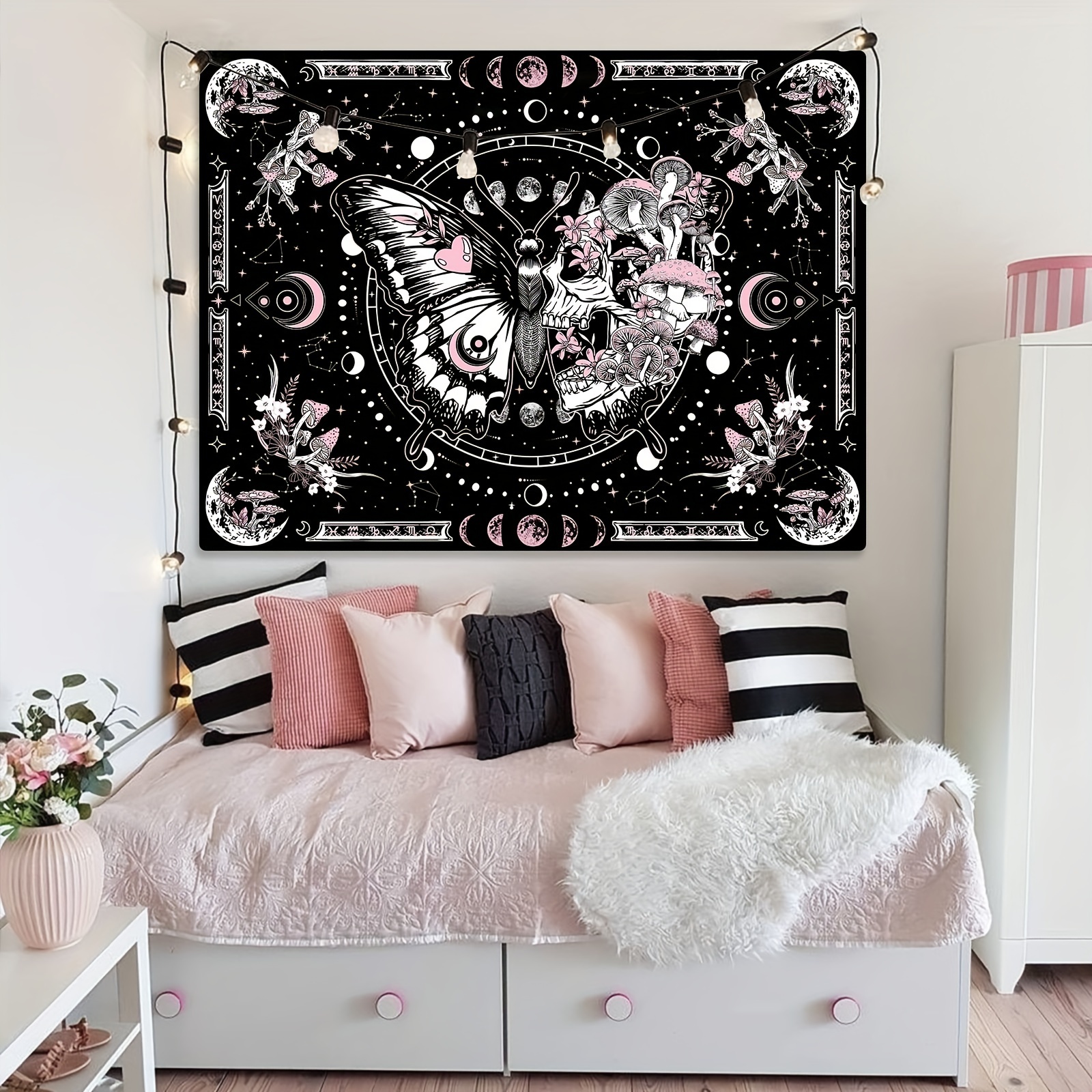 Skeleton Butterfly Tapestry Pink Skull Hippie Mushroom Plants Tapestry For Bedroom Moon Phase Aesthetic Tapestries Wall Hanging For Living Room Dorm_voghion.com