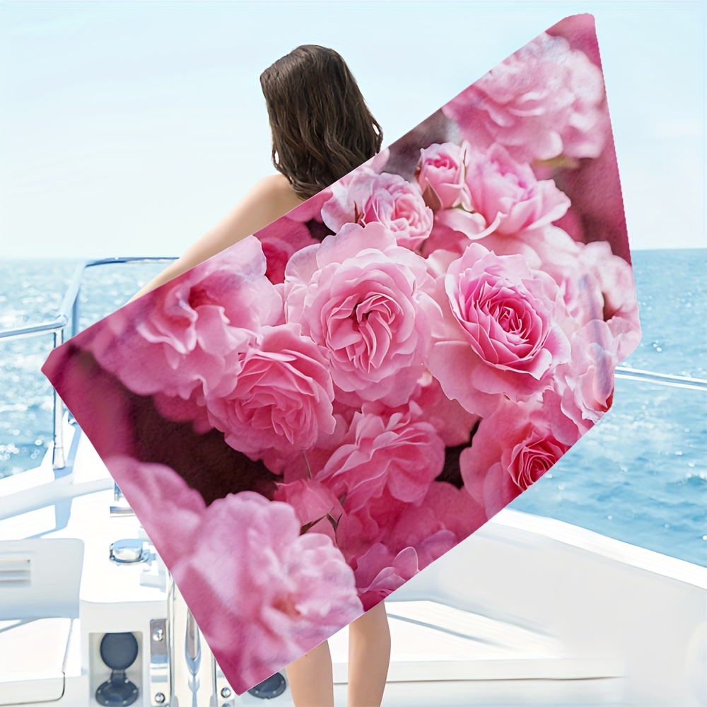 1pc Oversized Pink Rose Print Beach Towel Soft Durable Polyester Large Comfortable Beach Towel For Pool Travel Summer Outings_voghion.com