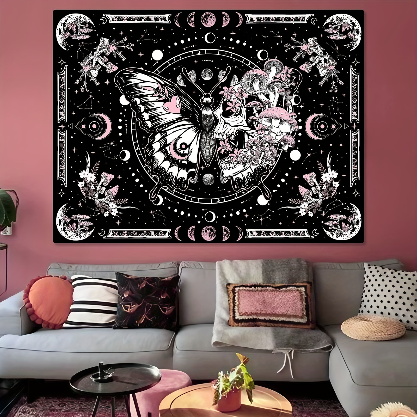 Skeleton Butterfly Tapestry Pink Skull Hippie Mushroom Plants Tapestry For Bedroom Moon Phase Aesthetic Tapestries Wall Hanging For Living Room Dorm_voghion.com