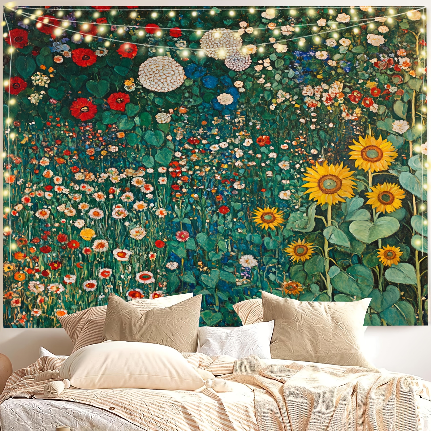 Wandteppich mit Frühlingsgartenmotiv, geeignet für Schlafzimmer, Wohnzimmer oder Studentenwohnheim. Ästhetisches abstraktes Ölgemälde im Vintage-Stil._voghion.com