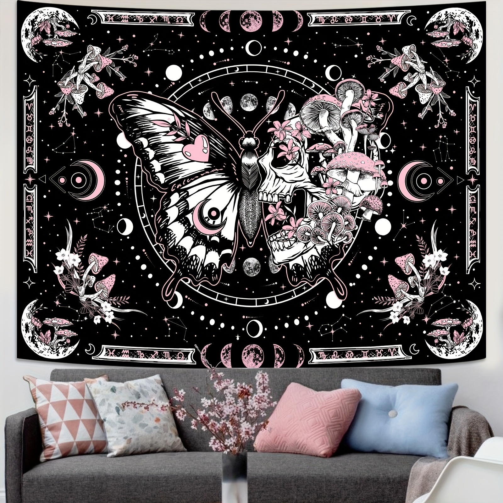 Skeleton Butterfly Tapestry Pink Skull Hippie Mushroom Plants Tapestry For Bedroom Moon Phase Aesthetic Tapestries Wall Hanging For Living Room Dorm_voghion.com