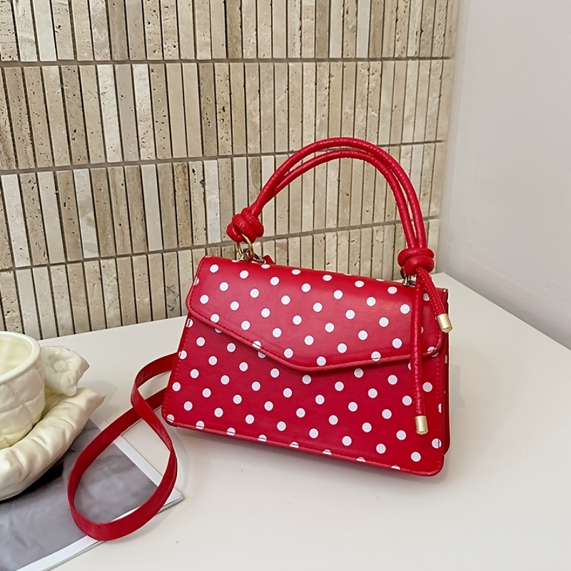 Niedliche, kleine, quadratische Damenhandtasche in Weiß und Schwarz mit weißen und schwarzen Punkten, geknotetem Henkel und abnehmbarem Schulterriemen, elegante Umhängetasche für jeden Tag._voghion.com