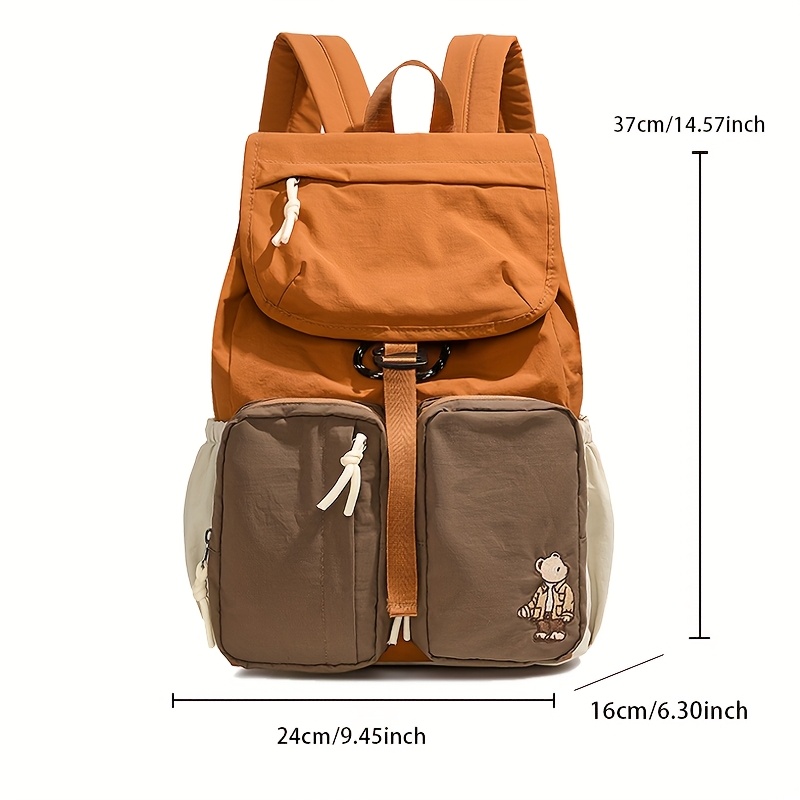 Vintage Contrast Color Bear Pattern Backpack Buckle Decor Multi Compartment Lightweight Daily Travel School Couple Laptop Rucksack_voghion.com
