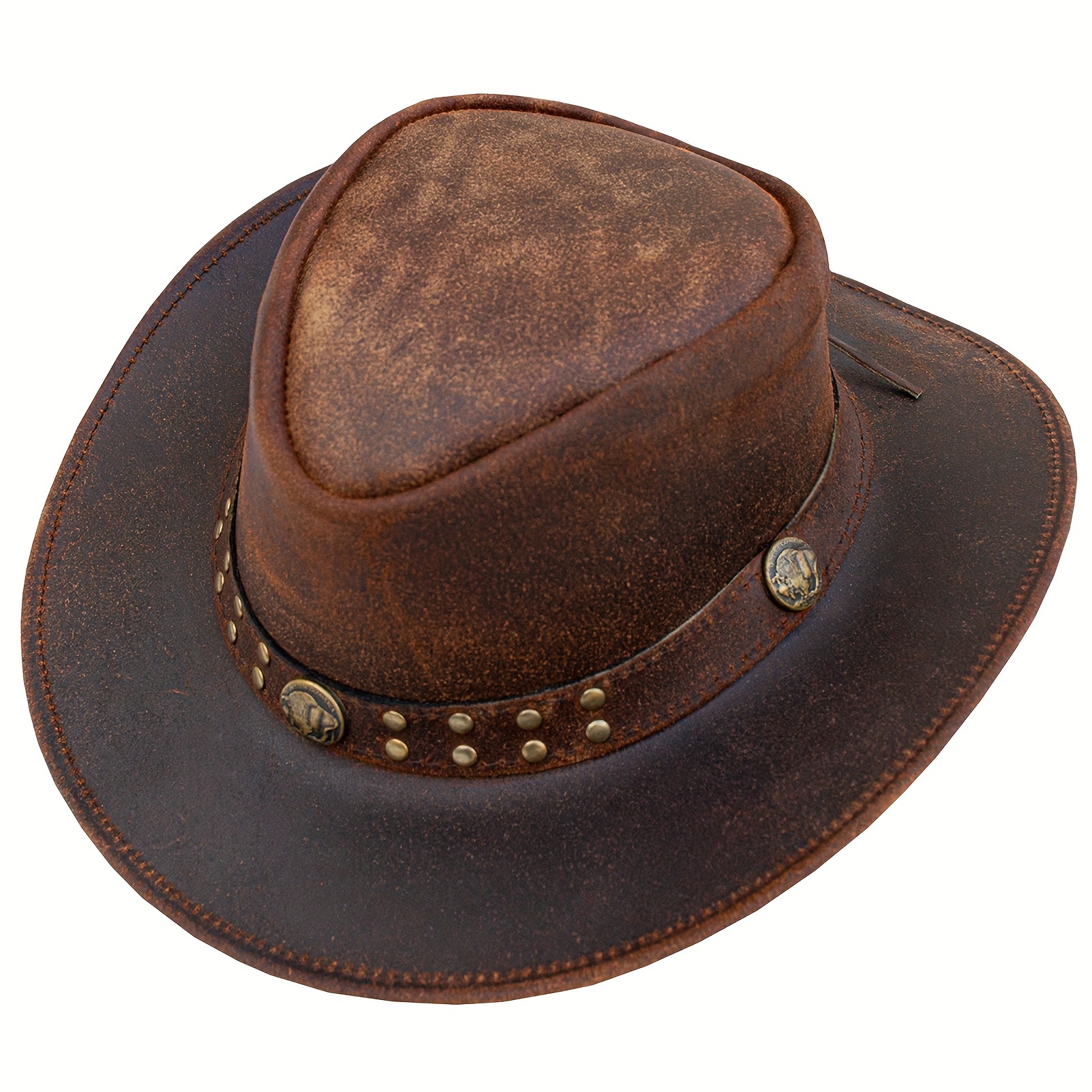 Real Leather Hats Western Style for Men and Women shapeable Brim vintage look. Leather Cowboy Hat for Men Women Lightweight Handcrafted  main image 2