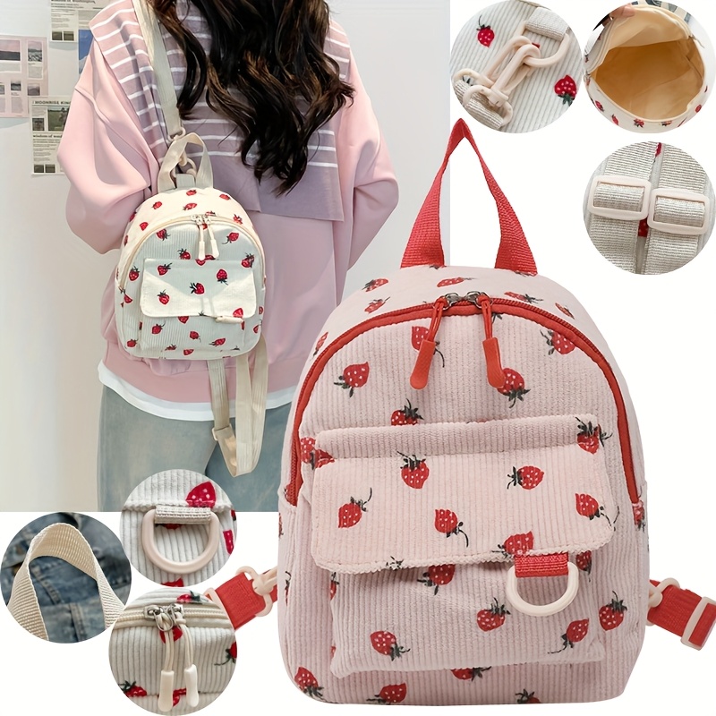 Kawaii White Vertical Corduroy Small Backpack Red Strawberry Pattern Multi Compartment Adjustable Straps Ladies Campus Daily Mini Travel Backpack_voghion.com