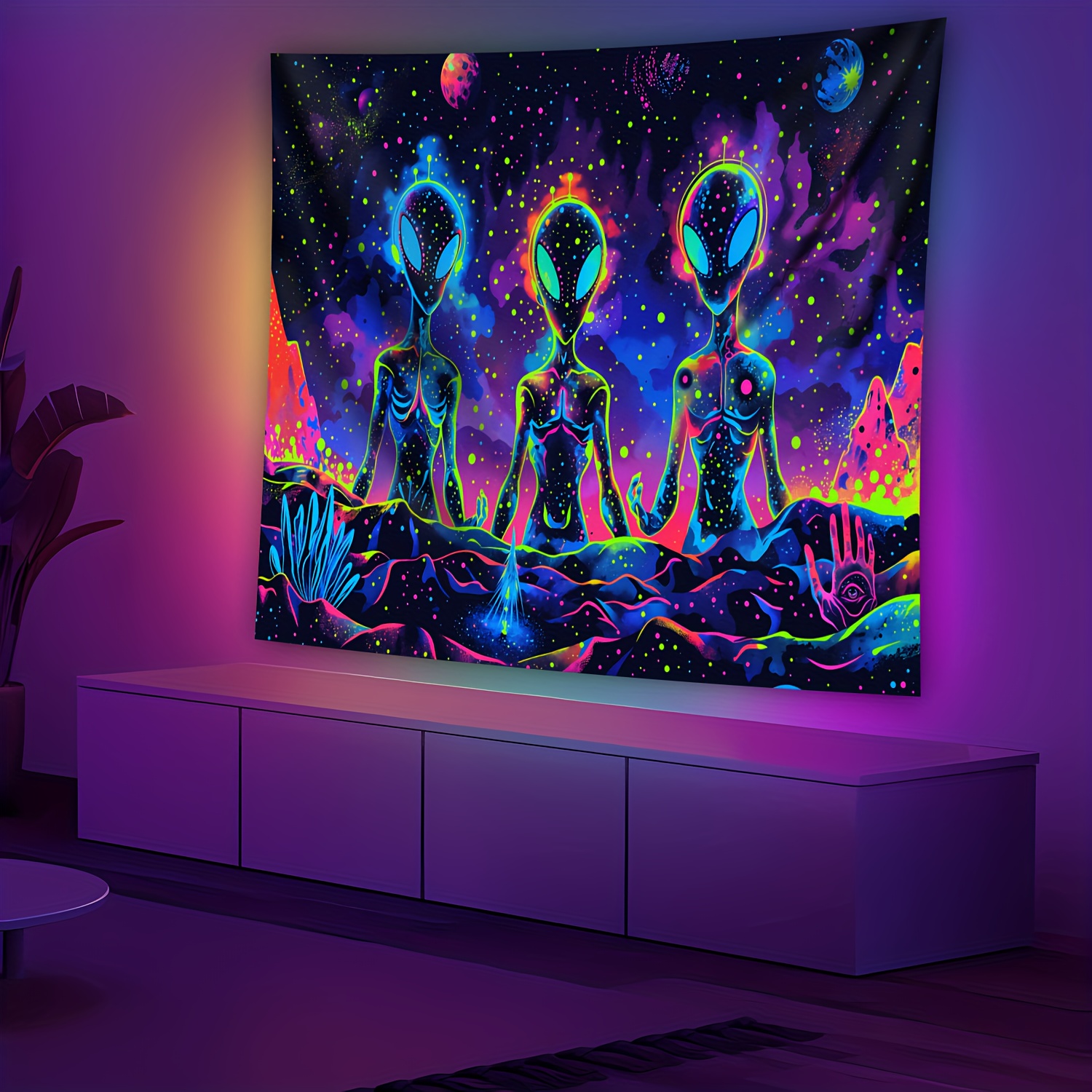 1pc Three Mysterious Aliens Glow In UV Light Large Size Peach Skin Fluorescent Tapestry Aesthetic Wall Decor For Bedroom Party With Free Accessories_voghion.com