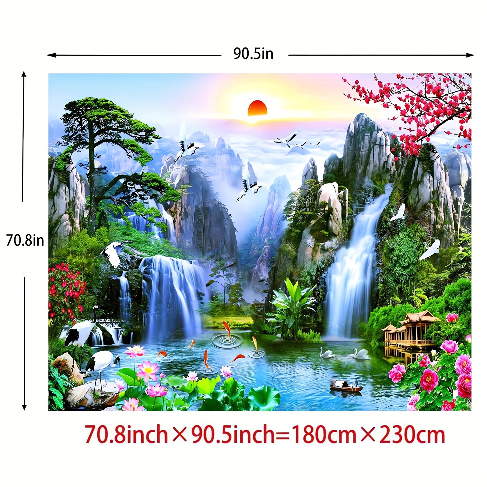 Large Fabric Wall Tapestry Enchanted Waterfall Asian Landscape Cherry Blossoms Cranes Koi Fish Pagoda Polyester Decor For Home Wedding Photo Backdrop_voghion.com