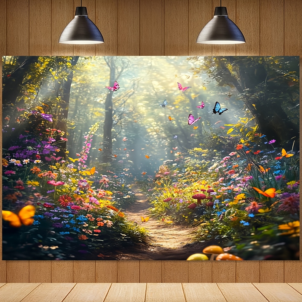 Großer Wandteppich „Verzauberter Wald und Schmetterling“, 1-teilig, strapazierfähiges Polyester, mit praktischen Aufhängelöchern, märchenhafte Szene, Dekoration für alle Jahreszeiten und Feste_voghion.com