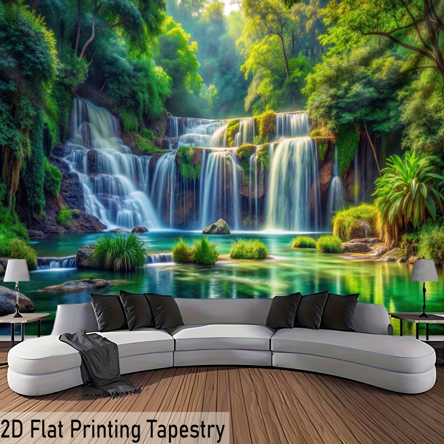 Tapisserie murale très large à motif de cascade fraîche et de forêt ensoleillée, idéale comme cadeau d'anniversaire, décoration de chambre ou de fête, avec pinces de suspension offertes._voghion.com
