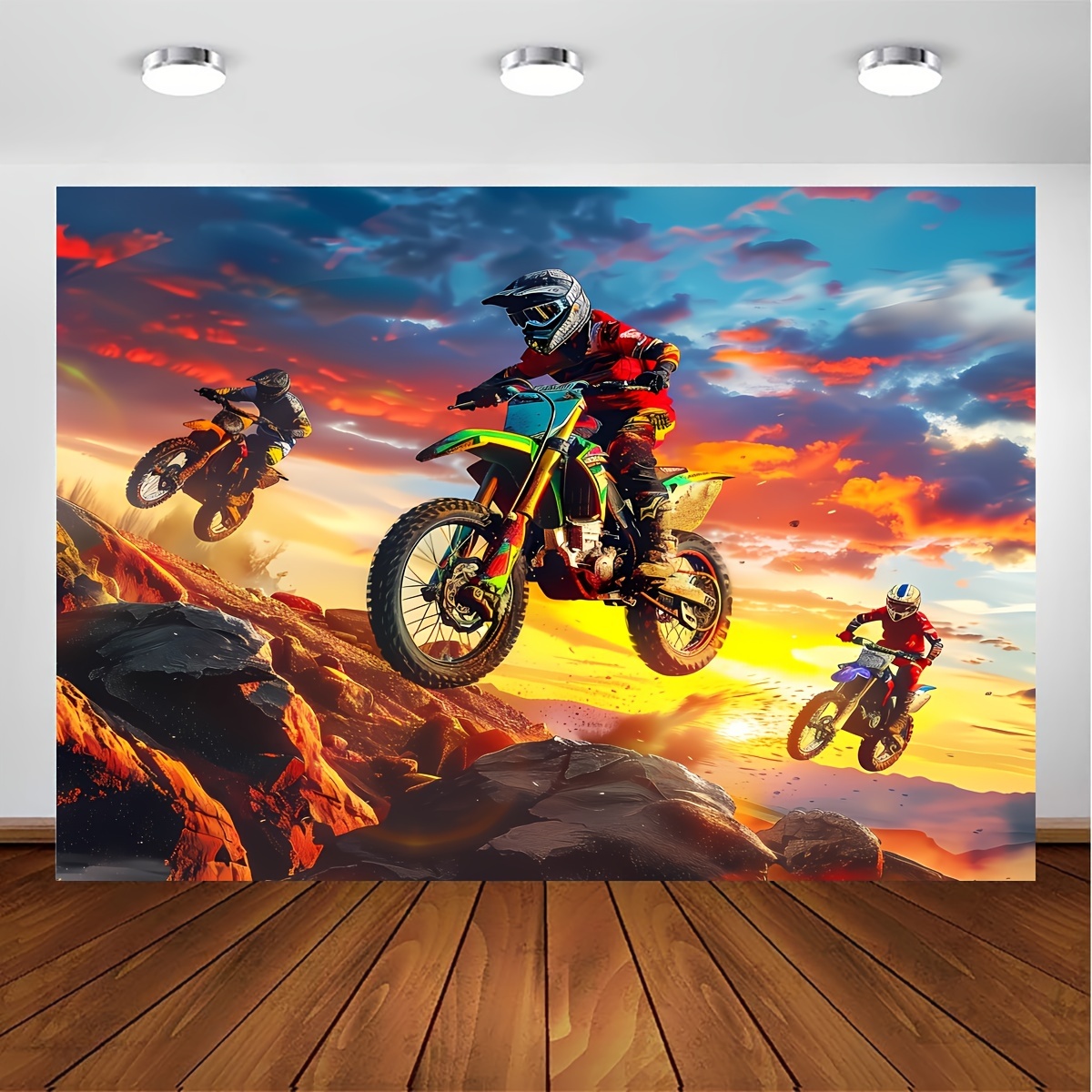 Tapisserie murale moto (1 pièce) - Motif motocross - Idéale pour adolescents - Courses de motos tout-terrain - Sports extrêmes - Plusieurs tailles disponibles_voghion.com