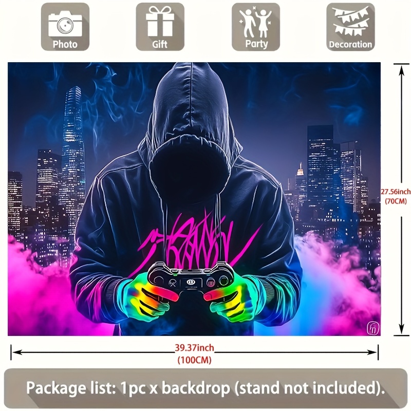 Tapisserie murale fluorescente « Manette de jeu Mysterious Man » (1 pièce), réactive aux UV, sans alimentation, idéale pour chambre, salle de jeux ou bar._voghion.com