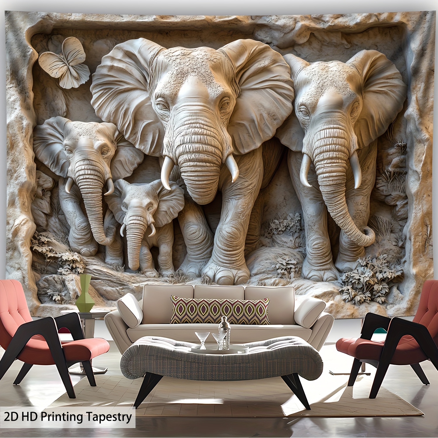 Tapisserie murale en polyester, très grand format, impression 2D, motif éléphants sculptés dans la pierre, impression numérique HD, idéale pour le salon. Décoration murale pour la maison ou le salon._voghion.com