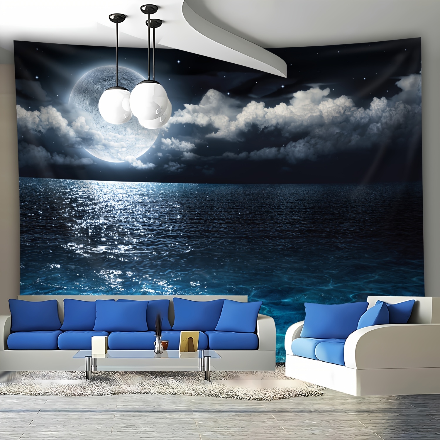 Ultra Large Sea Moon Landscape Wall Hanging Tapestry 1pc Polyester Photo Background Cloth For Room Party Live Decoration With Free Hanging Clips_voghion.com