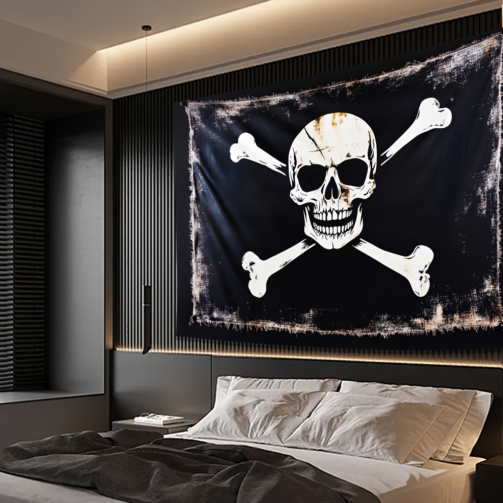 Pirate Flag Design Skull Crossbones Tapestry 1pc Durable Polyester Vintage Distressed Nautical Decor For Indoor Outdoor Home Office Adventure_voghion.com