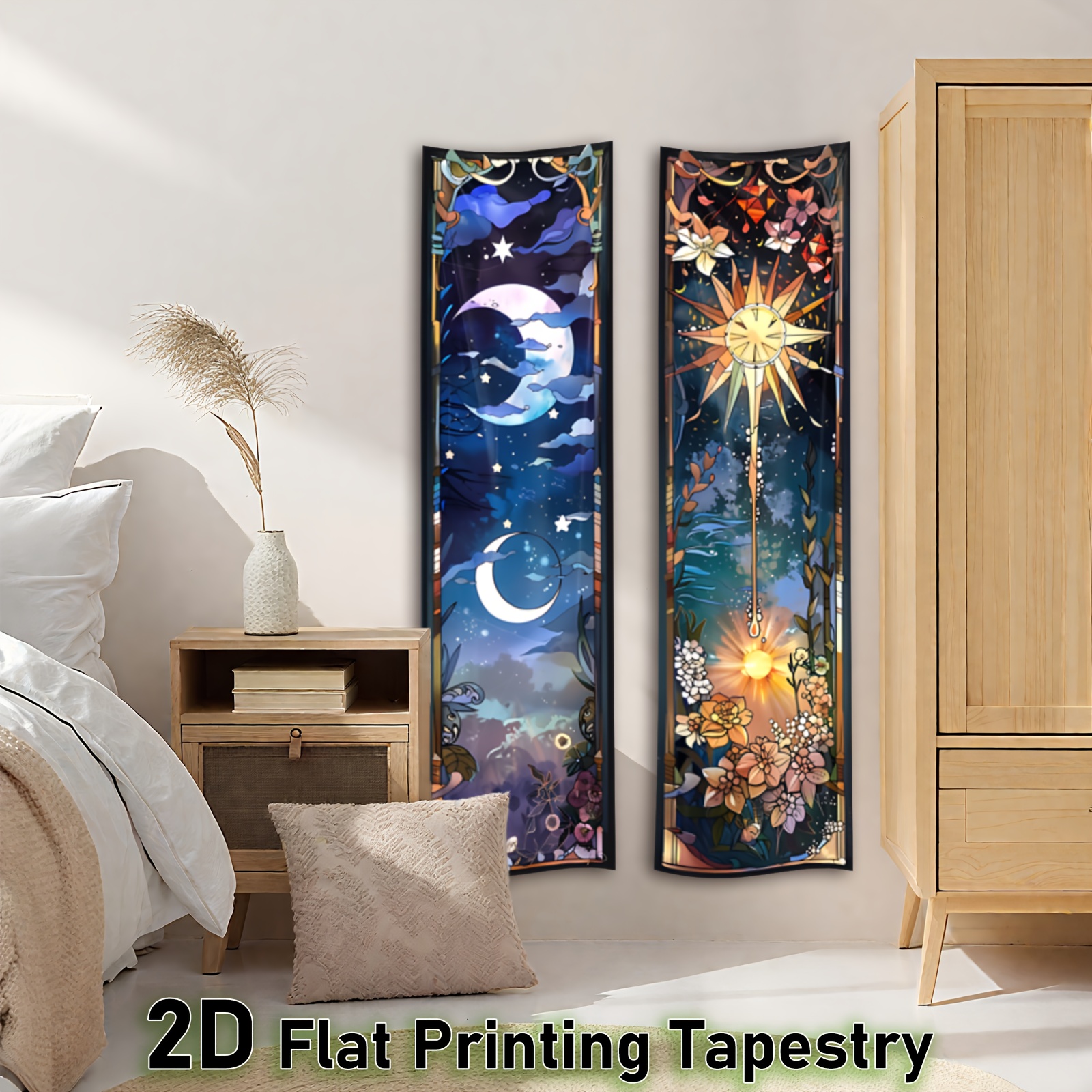2 Pieces 2D Flat Vertical Banner Tapestry Sun And Moon Phases Design Long Narrow Wall Hanging Night Sky With Flowers Stars_voghion.com