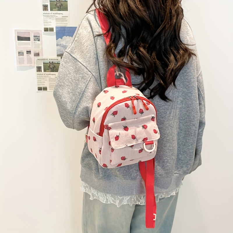 Kawaii White Vertical Corduroy Small Backpack Red Strawberry Pattern Multi Compartment Adjustable Straps Ladies Campus Daily Mini Travel Backpack_voghion.com