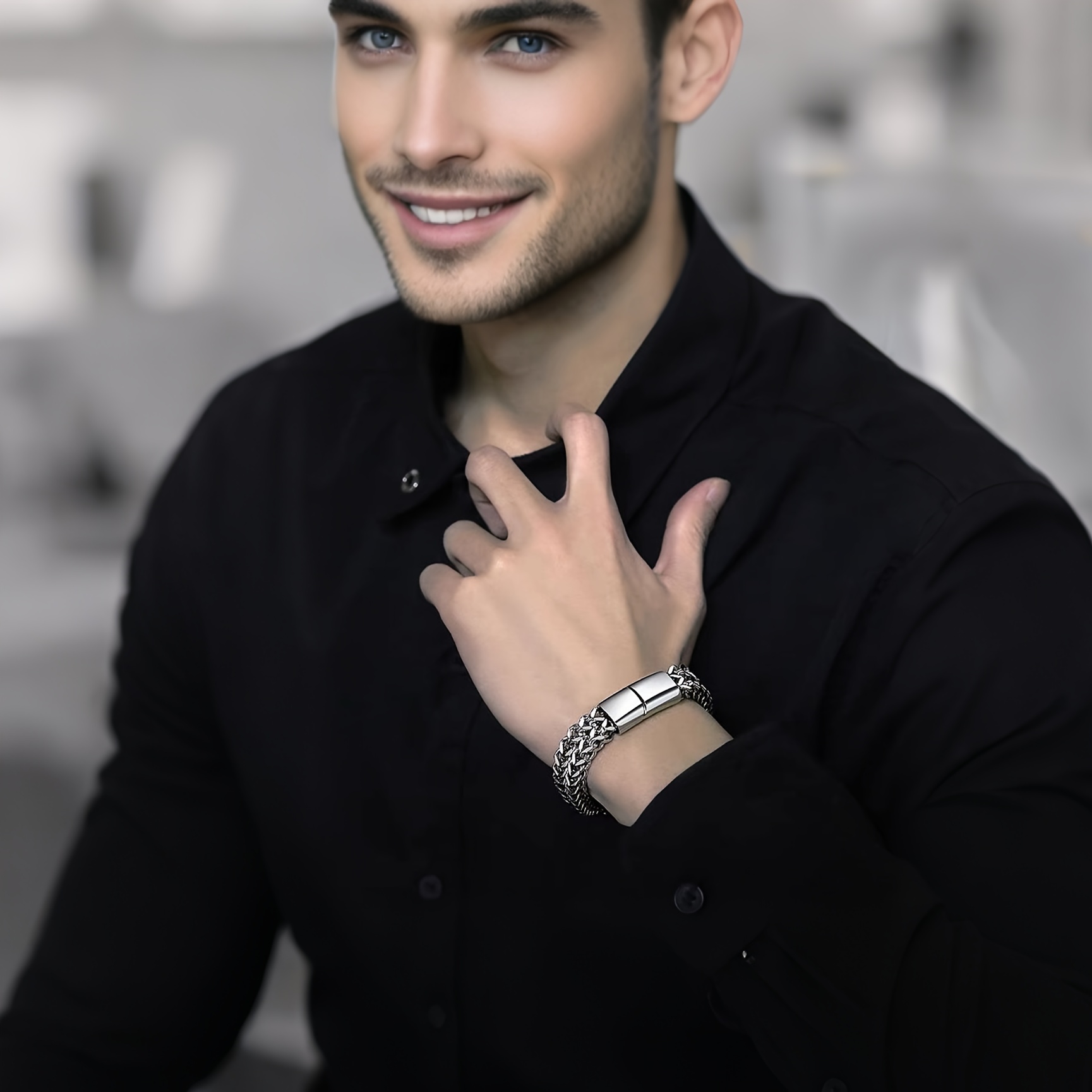 1 Stainless Steel Braided Square Reversible Chain Magnetic Buckle Men's Bracelet_voghion.com