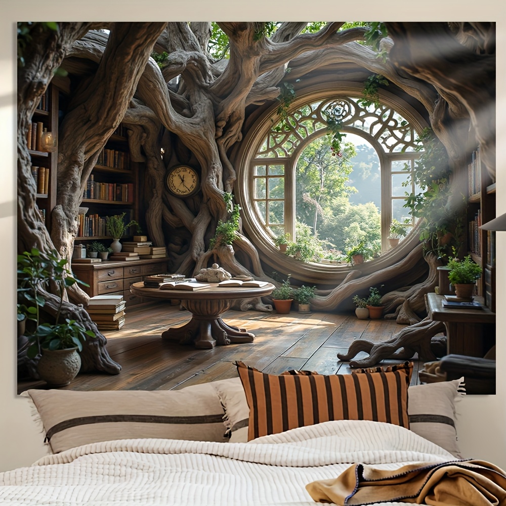 Arazzo da parete in poliestere resistente con motivo "Casa sull'albero incantata" e biblioteca, 1 pezzo. Non necessita di elettricità. Ideale per Natale, Capodanno, Carnevale, decorazioni per interni ed esterni._voghion.com