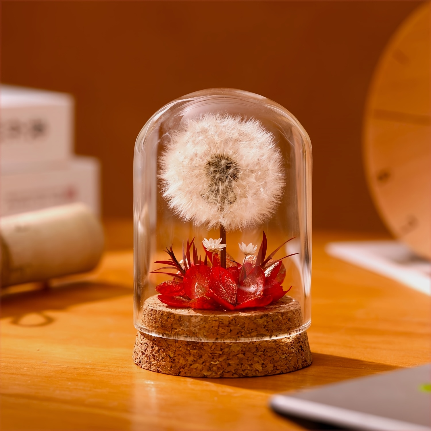 1pc Glass Dome Dandelion Plant Display - Realistic Artificial Flower Arrangement With Cork Base, Perfect For Home Decor_voghion.com