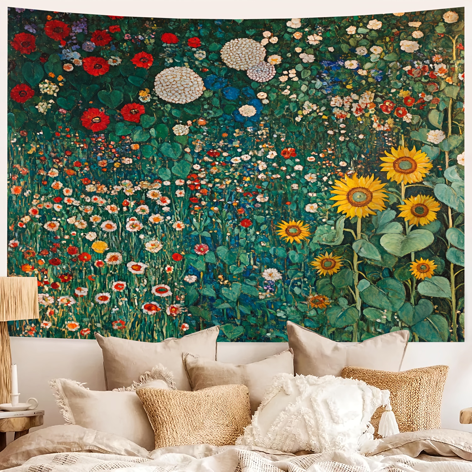 Wandteppich mit Frühlingsgartenmotiv, geeignet für Schlafzimmer, Wohnzimmer oder Studentenwohnheim. Ästhetisches abstraktes Ölgemälde im Vintage-Stil._voghion.com