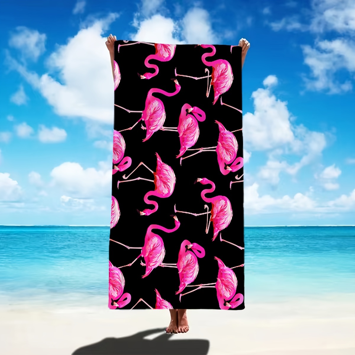 Black Background With Hand-painted Flamingo Pattern, Seaside Summer Microfiber Beach Towel, 1pc_voghion.com
