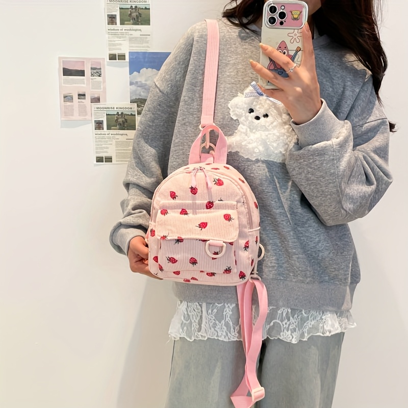 Kawaii White Vertical Corduroy Small Backpack Red Strawberry Pattern Multi Compartment Adjustable Straps Ladies Campus Daily Mini Travel Backpack_voghion.com