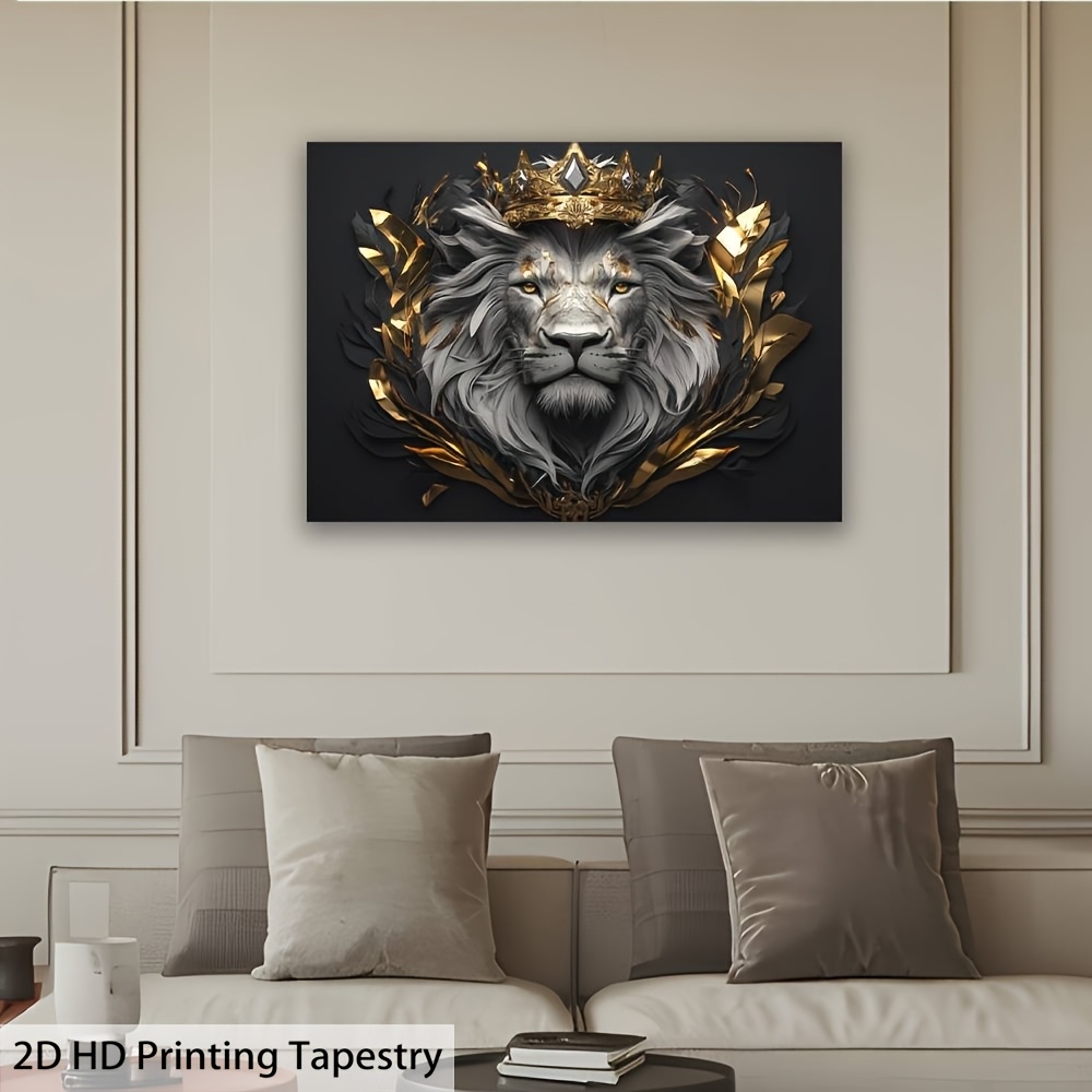 Majestätischer Löwe mit Krone – Horizontaler Wandteppich, 2D-Flachbanner, exquisite Details, verschiedene Größen, kein Stromanschluss erforderlich, Wanddekoration für Wohnzimmer, Schlafzimmer, Büro, Party_voghion.com