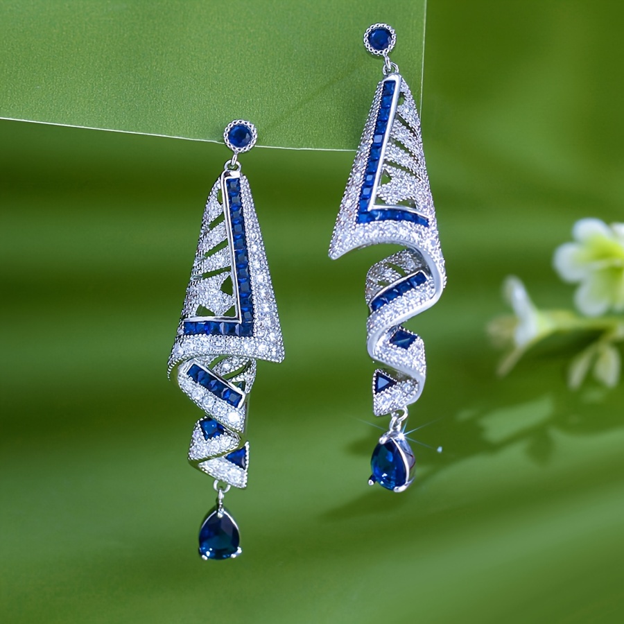 Lussuosi orecchini lunghi da sposa con delicati nastri in zirconi bianchi e blu 3A, perfetti per anniversari, banchetti e feste serali._voghion.com