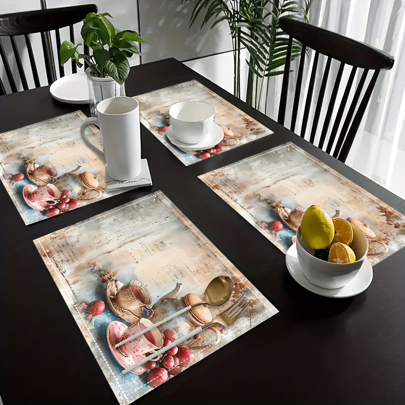 4pcs Vintage Tableware Pattern Artistic Placemats Heat Resistant Non Slip Washable Table Mats For Restaurants Kitchens Outdoor Garden Afternoon Tea_voghion.com