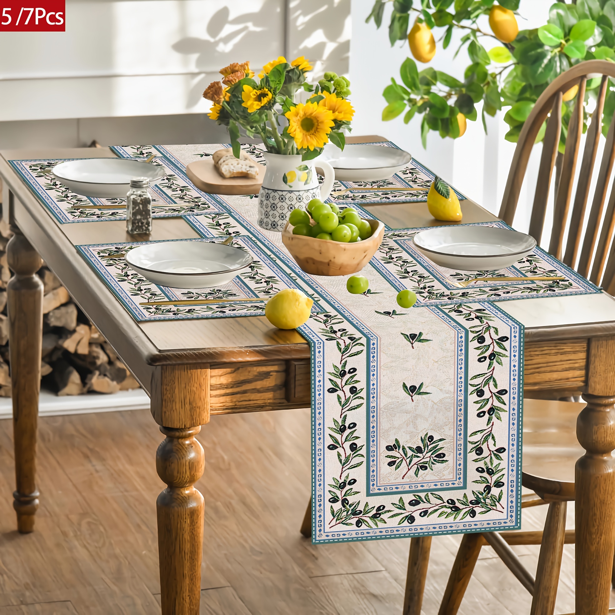 5/7pcs Olive Branch Vintage Art Pattern Table Runner And Placemats Set, Suitable For Kitchen Dining Tables And Home Decor_voghion.com