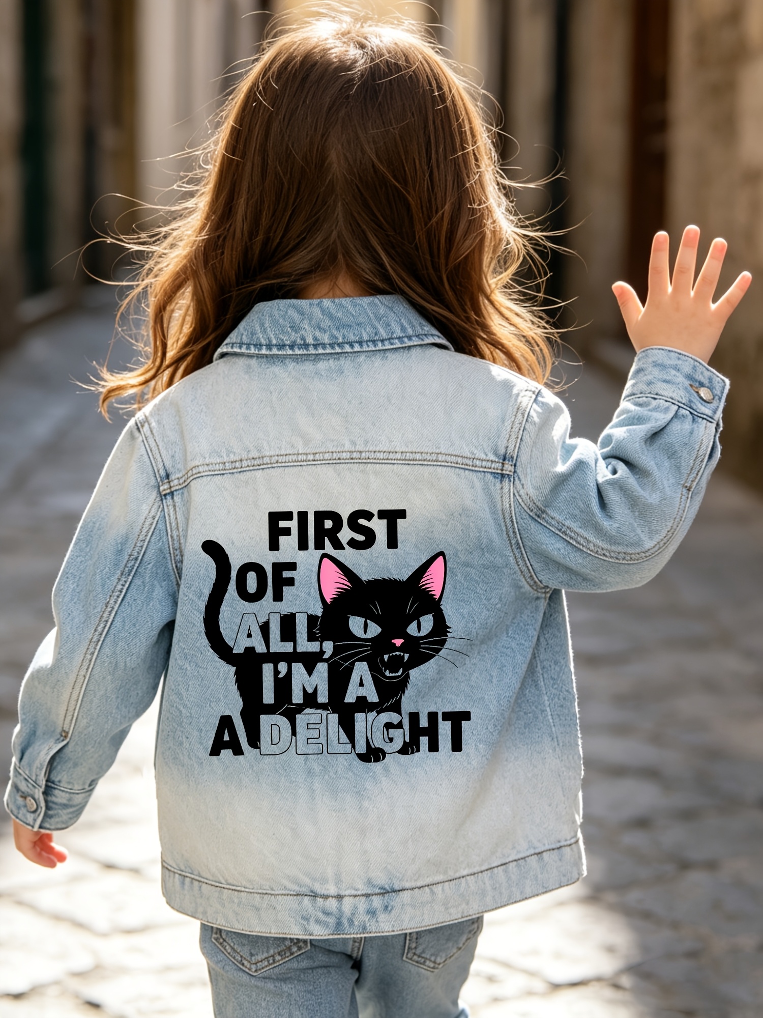 Jeansjacke mit verspieltem Cartoon-Print und Taschen für Mädchen (4-10 Jahre), ideal für Alltag und Schule_voghion.com