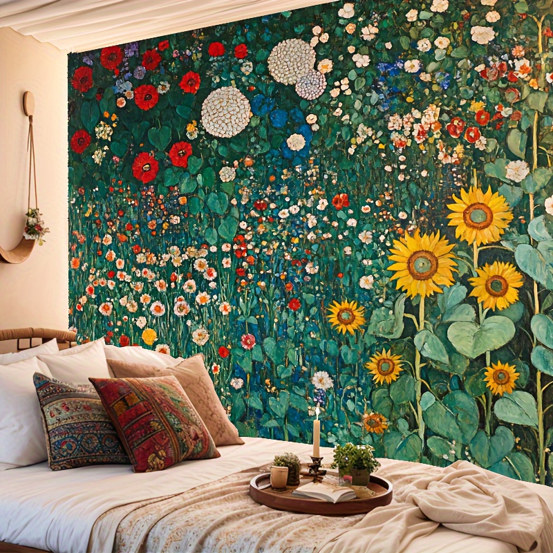 Wandteppich mit Frühlingsgartenmotiv, geeignet für Schlafzimmer, Wohnzimmer oder Studentenwohnheim. Ästhetisches abstraktes Ölgemälde im Vintage-Stil._voghion.com