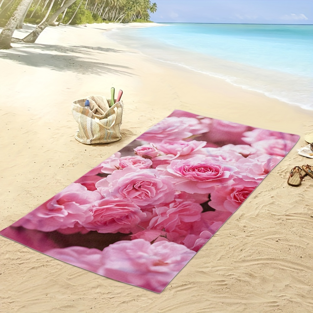 1pc Oversized Pink Rose Print Beach Towel Soft Durable Polyester Large Comfortable Beach Towel For Pool Travel Summer Outings_voghion.com