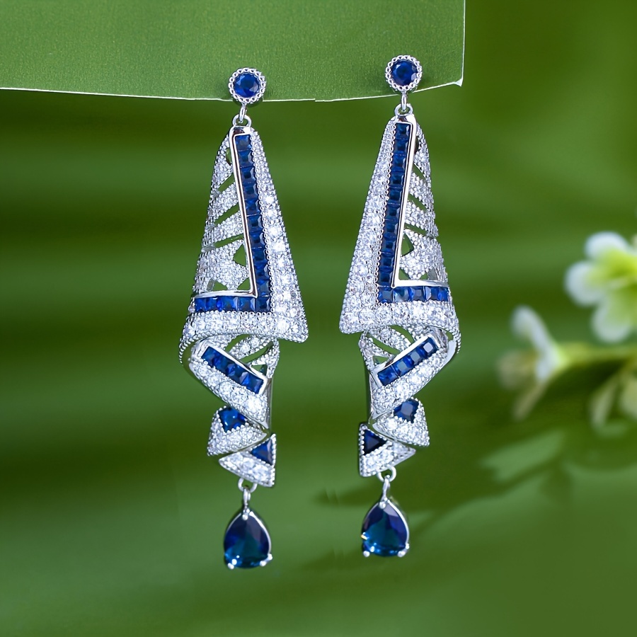Lussuosi orecchini lunghi da sposa con delicati nastri in zirconi bianchi e blu 3A, perfetti per anniversari, banchetti e feste serali._voghion.com