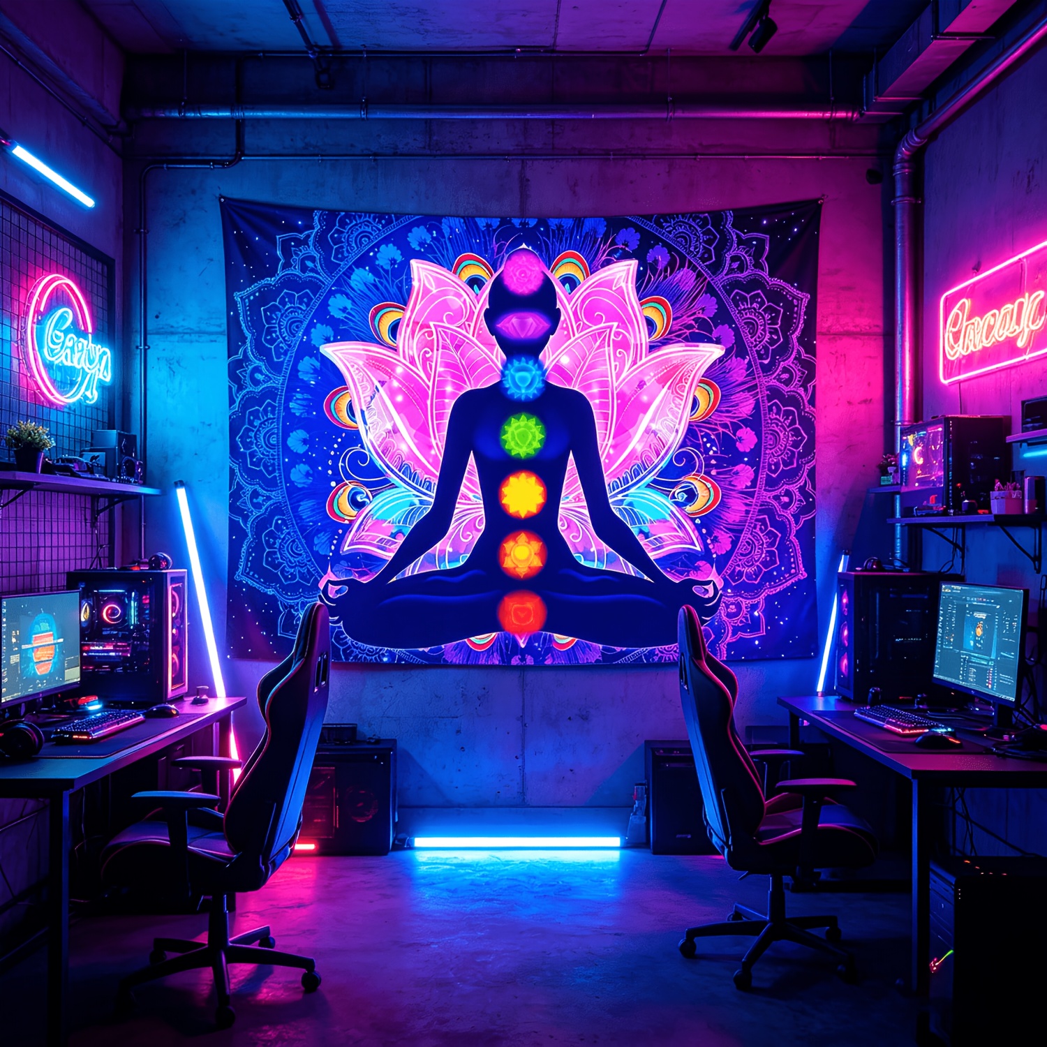 UV-zwartlichtreactief wandtapijt met zeven chakra's, Boheemse mandala, 1 stuk, yoga- en meditatietapijt, kleurrijk fluorescerend, voor slaapkamer en woonkamerdecoratie._voghion.com