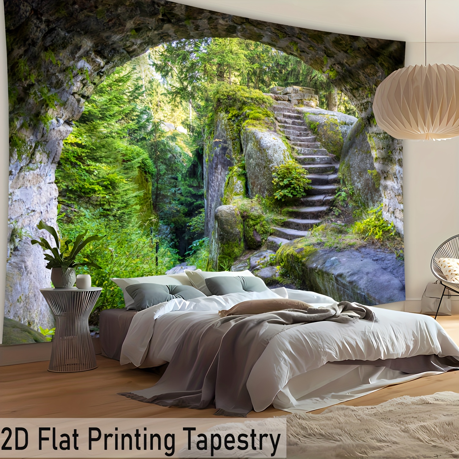 Oversized 2D Printed Tapestry Featuring A Cave, Trees, And Stone Steps In High Definition - Made Of Polyester Fiber - For Home Decor - No Installation_voghion.com