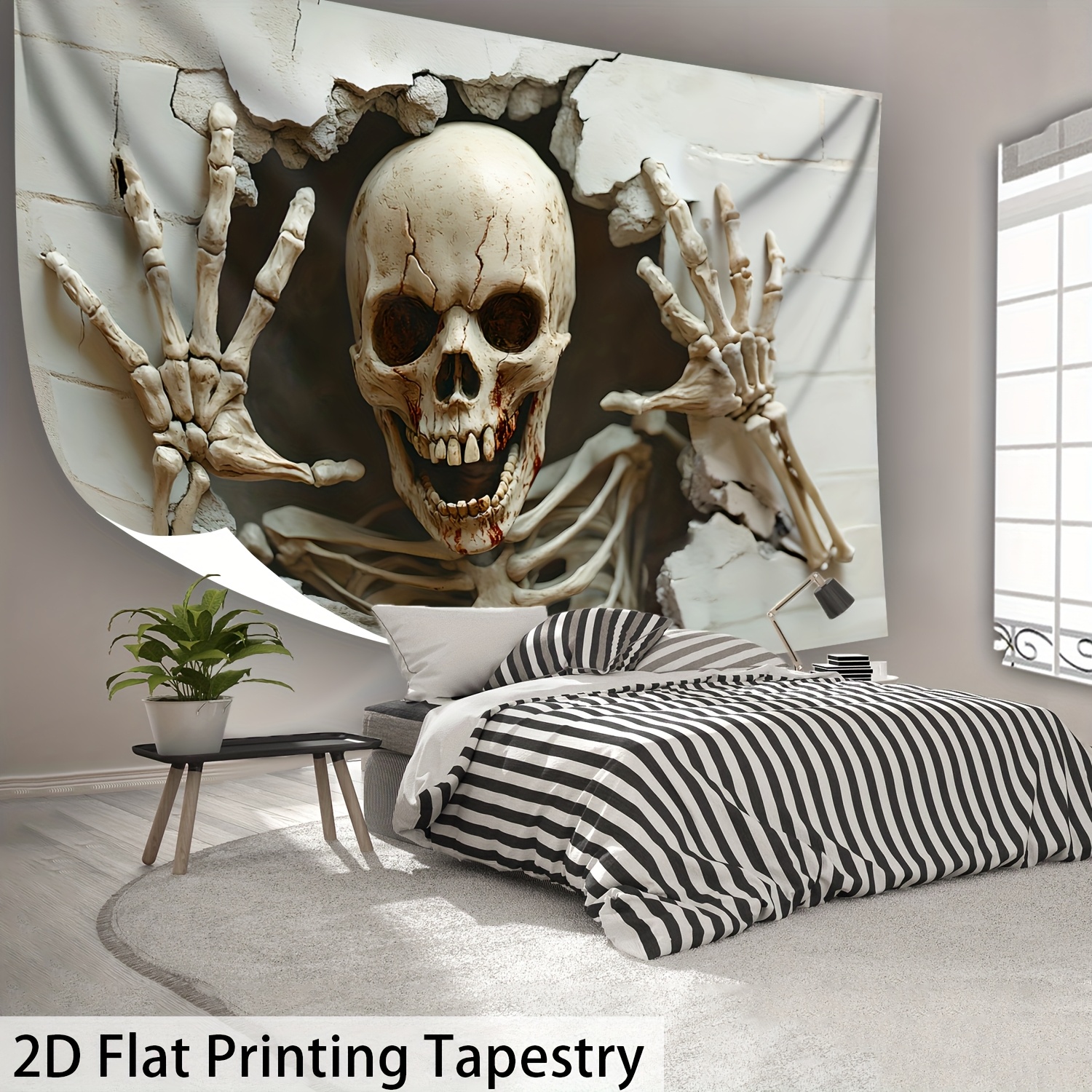 Übergroßes Halloween-Skelett-Wandbild – HD-Digitaldruck – Riesiger Wandteppich – Polyester – Heimdekoration – Inkl. Aufhängeclips, 2D-Flachdruck_voghion.com