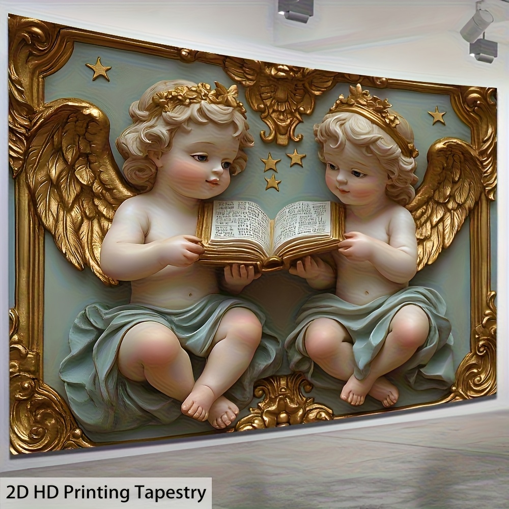 Elegant 2D Flat Printing Angel Statue Tapestry Serene Cherubic Figures Reading No Power Needed Luxurious Polyester For Home Party Decor Creative Gift_voghion.com