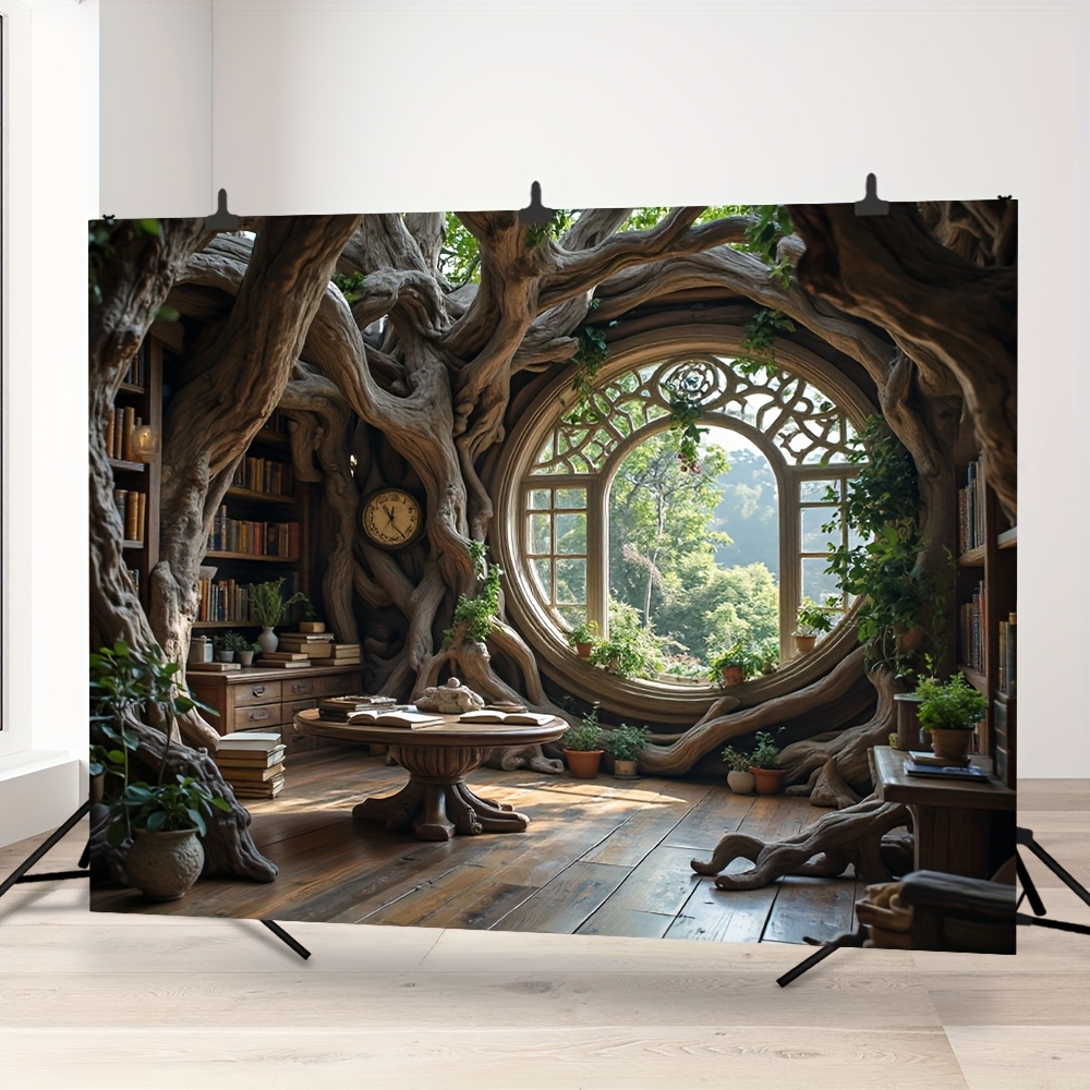 Arazzo da parete in poliestere resistente con motivo "Casa sull'albero incantata" e biblioteca, 1 pezzo. Non necessita di elettricità. Ideale per Natale, Capodanno, Carnevale, decorazioni per interni ed esterni._voghion.com