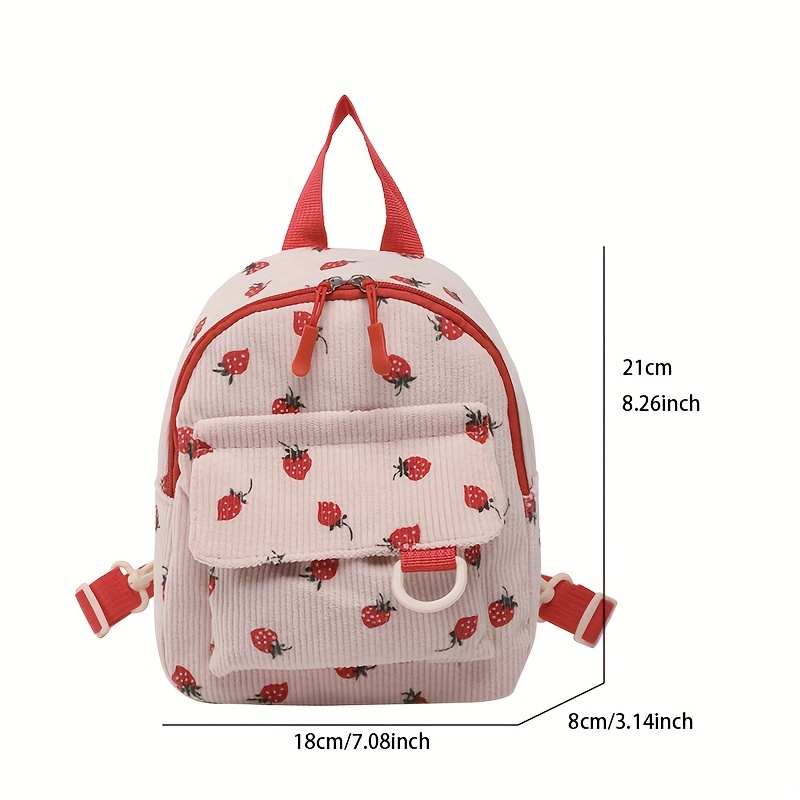 Kawaii White Vertical Corduroy Small Backpack Red Strawberry Pattern Multi Compartment Adjustable Straps Ladies Campus Daily Mini Travel Backpack_voghion.com