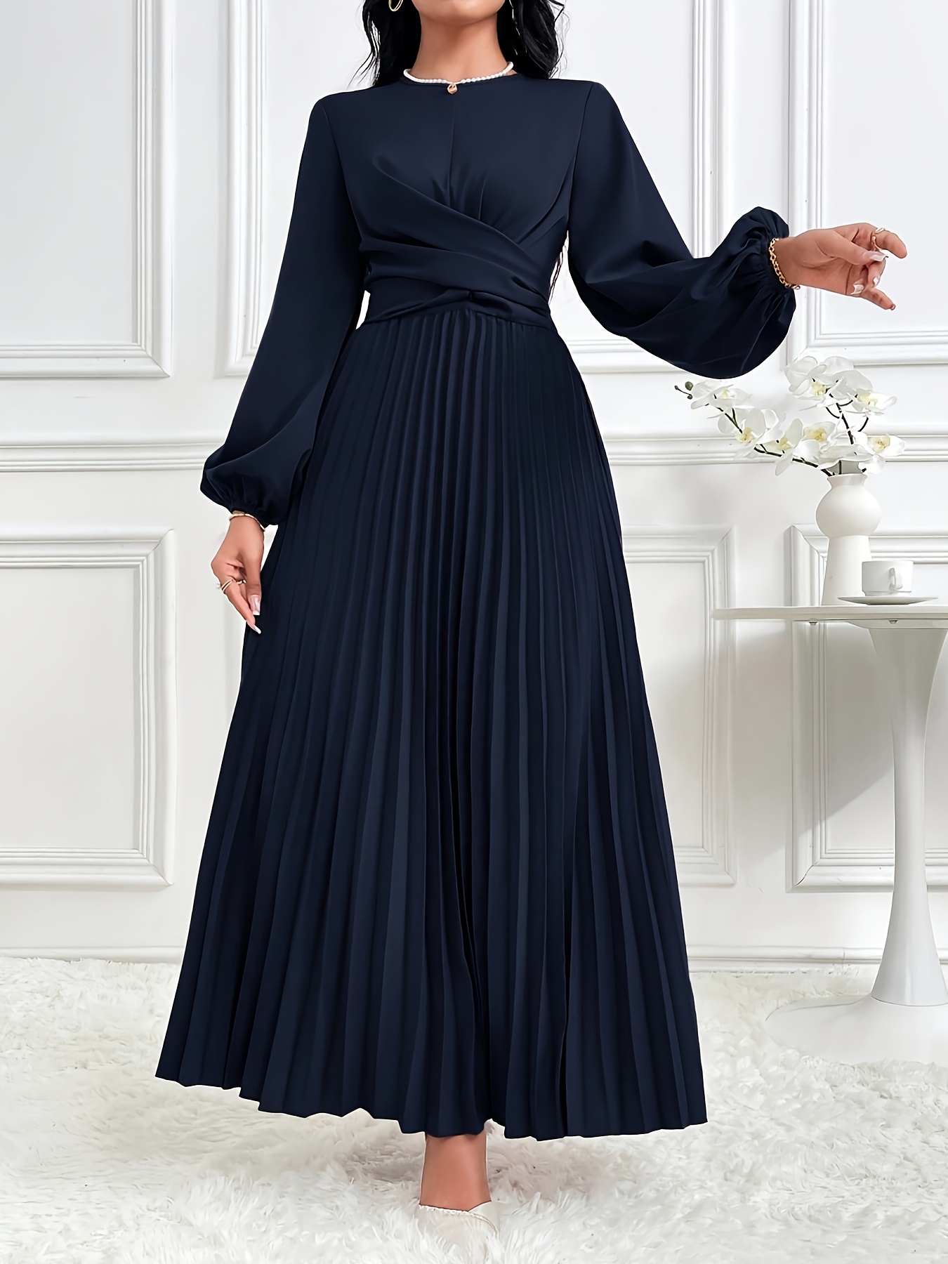 lantern sleeve formal dress Women's Solid Color Ruffled Elegant Arabic a line evening gowns with sleeves