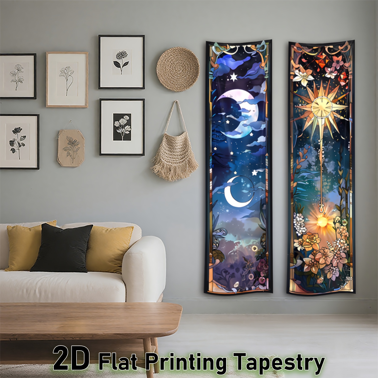2 Pieces 2D Flat Vertical Banner Tapestry Sun And Moon Phases Design Long Narrow Wall Hanging Night Sky With Flowers Stars_voghion.com