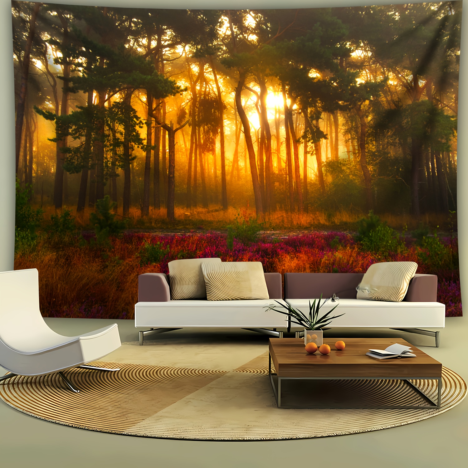 Ultra Large Mysterious Sunset Forest Landscape Polyester Tapestry 1pc Wall Hanging Decor For Home Room Party Live Streaming Background With Free Clips_voghion.com