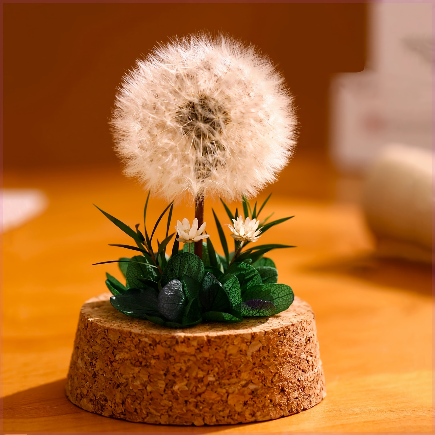1pc Glass Dome Dandelion Plant Display - Realistic Artificial Flower Arrangement With Cork Base, Perfect For Home Decor_voghion.com
