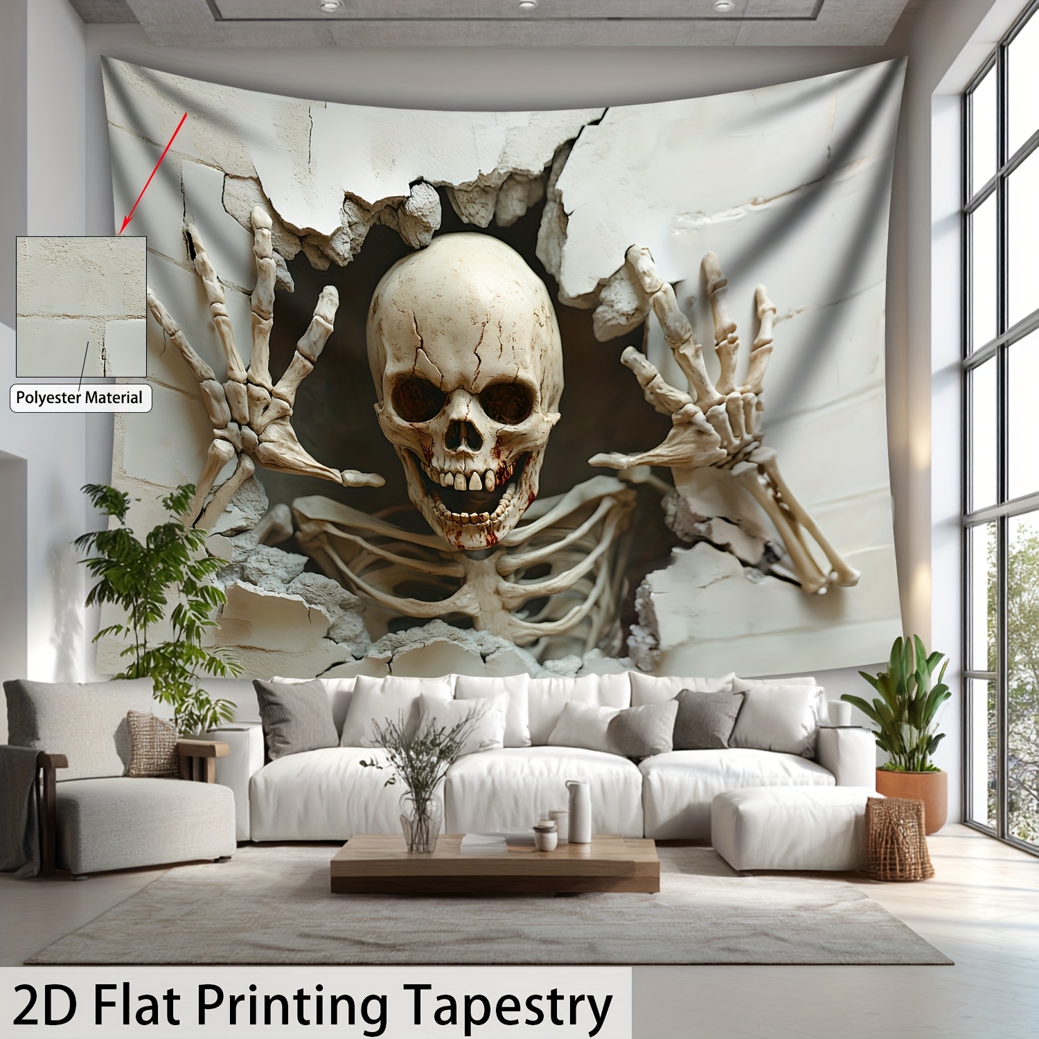 Übergroßes Halloween-Skelett-Wandbild – HD-Digitaldruck – Riesiger Wandteppich – Polyester – Heimdekoration – Inkl. Aufhängeclips, 2D-Flachdruck_voghion.com